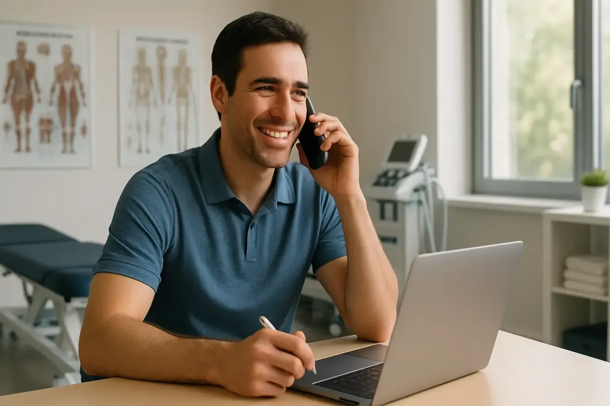Primo piano di un osteopata italiano sorridente in camice, metà-body, studio luminoso e moderno con sfondo sfocato, luce naturale morbida, fotografia professionale che trasmette fiducia e competenza