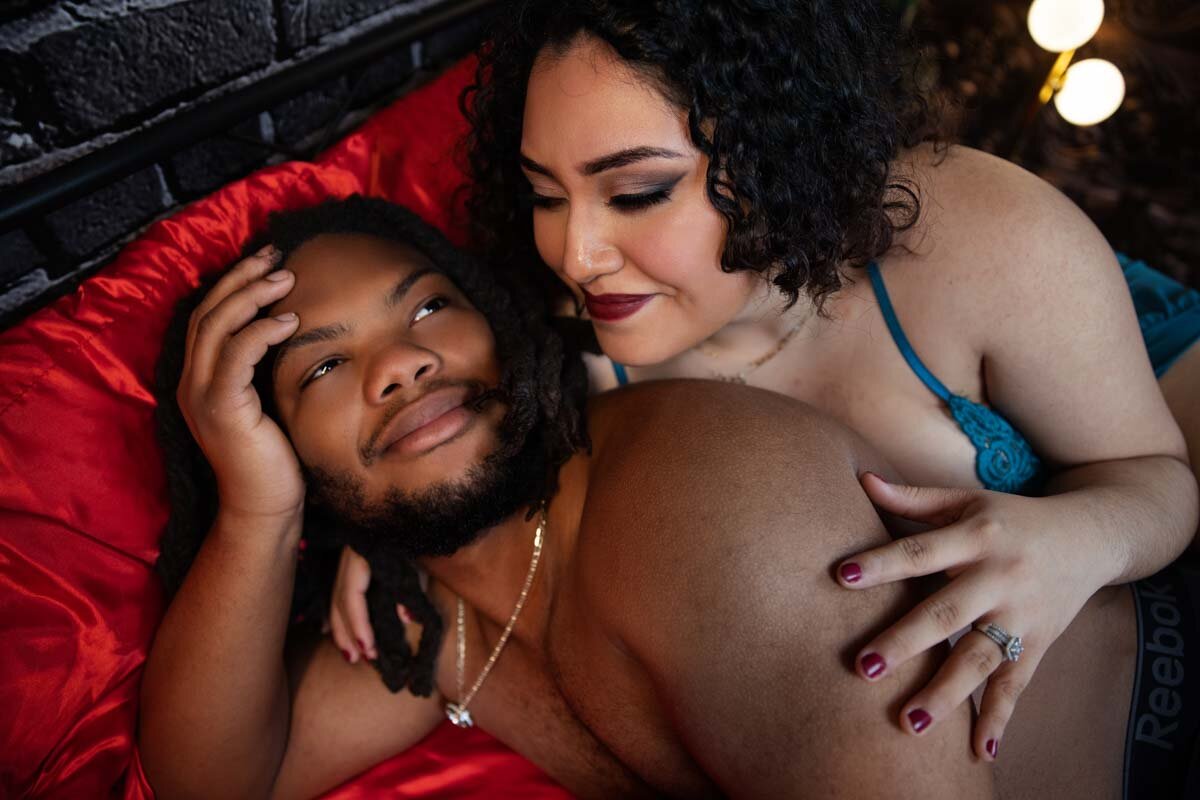 Intimate partner portrait photographed by Indianapolis boudoir photographer capturing connection and trust.