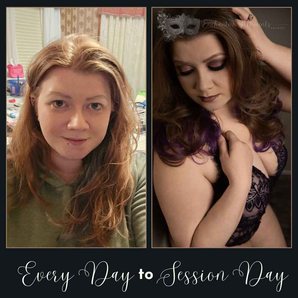Client confidence transformation from casual selfie to professional boudoir image.