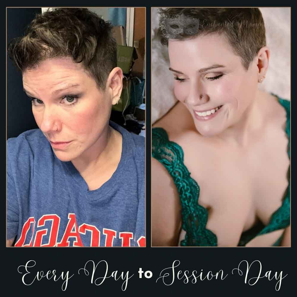 Everyday photo compared to final professional boudoir portrait after a photoshoot.