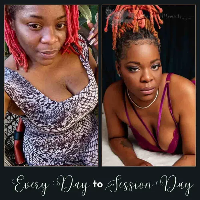 Comparison of a woman in an everyday photo and a finished boudoir portrait, showing her transformation with soft lighting, styled hair, and a relaxed pose on a couch.