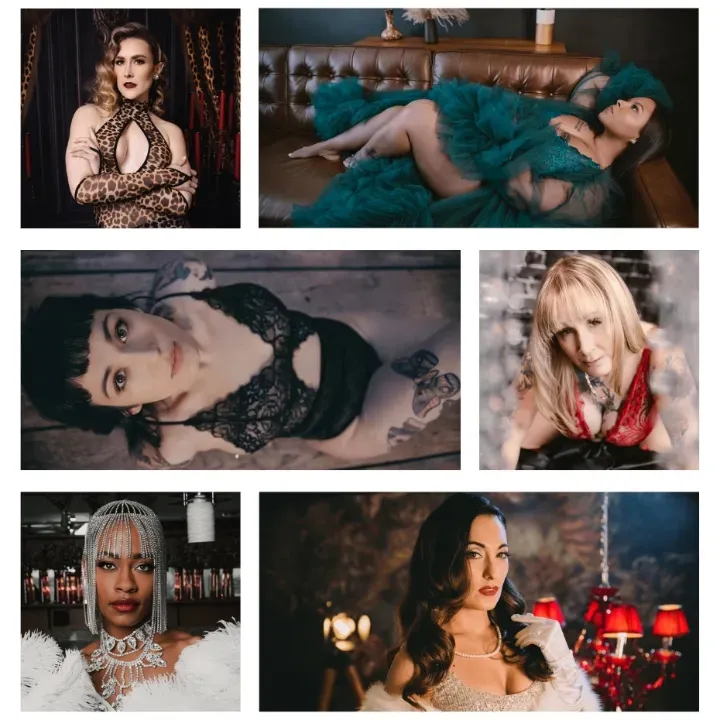 Collection of boudoir portraits featuring diverse women in styled lingerie, glamorous lighting, and intimate studio settings.
