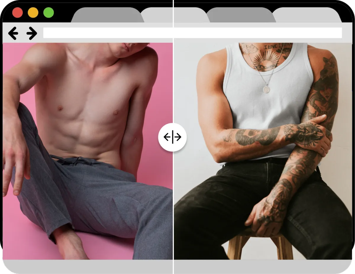 Shirtless man and tattooed man in split digital marketing layout