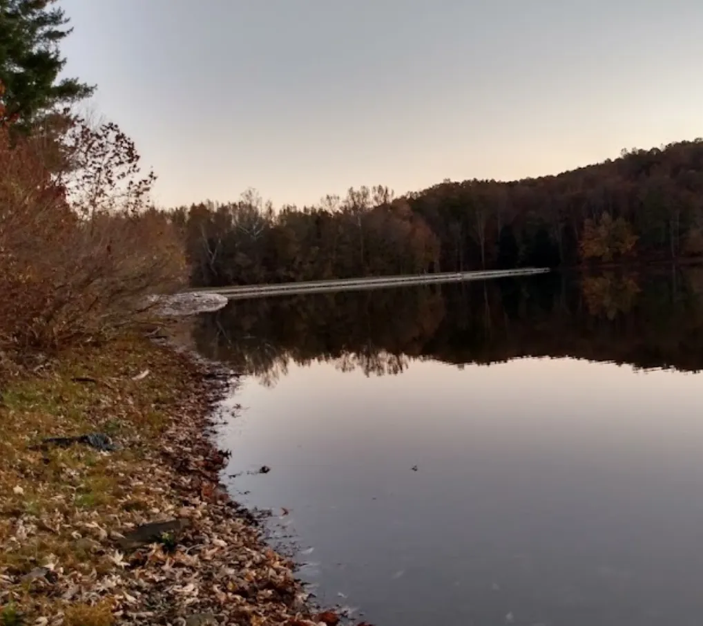 rollins lake in sunset surrounded by trees in ripley wv