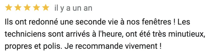 Ils ont redonné ne seconde vie à nos fenêtres! Les techniciens sont arrivés à 'heure, ont été très nutieux, propres et polis. Je recommande vivement!