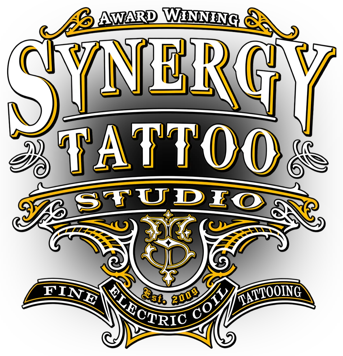 Award-winning Synergy Tattoo Studio logo in black, white, and gold