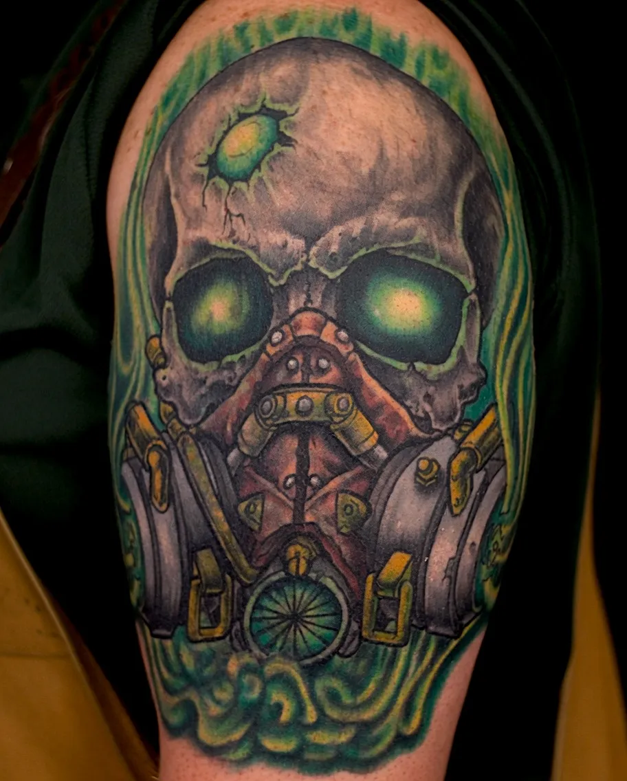Glowing green skull tattoo wearing a mechanical respirator