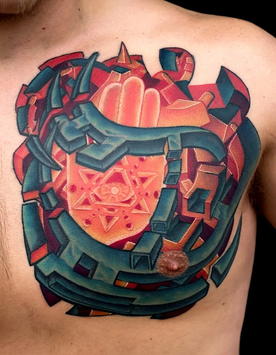 Geometric mechanical heart tattoo with red and blue panels