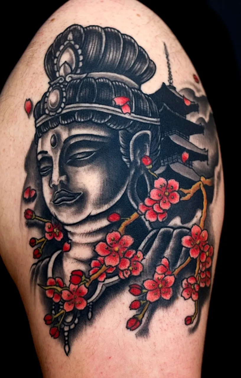 Black and grey ornamental portrait tattoo with jewelry and red blossoms