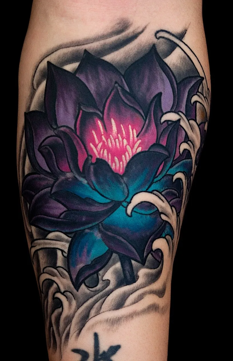 Purple and blue lotus flower tattoo with a bright pink center