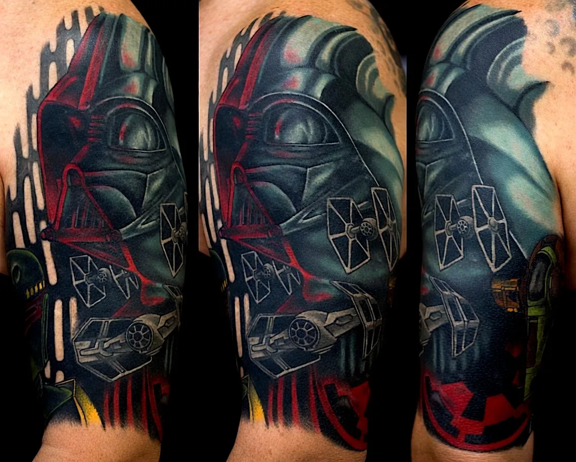 Darth Vader tattoo with TIE fighters and dark red highlights
