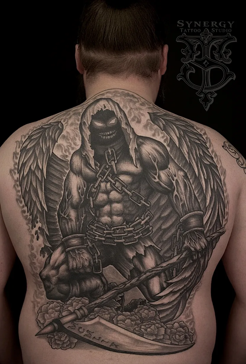 Black and grey full-back tattoo of an armored winged warrior