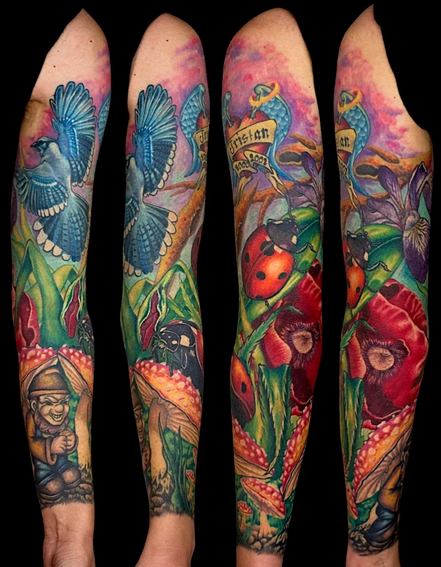 Color leg sleeve combining tropical birds, nautical imagery, and flowers