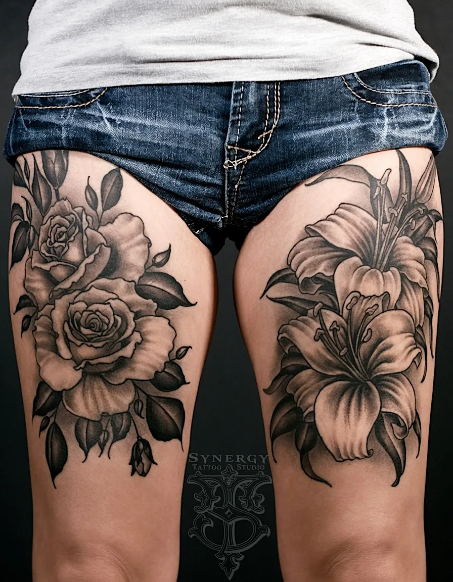 Black and grey peony and lily tattoos across both thighs
