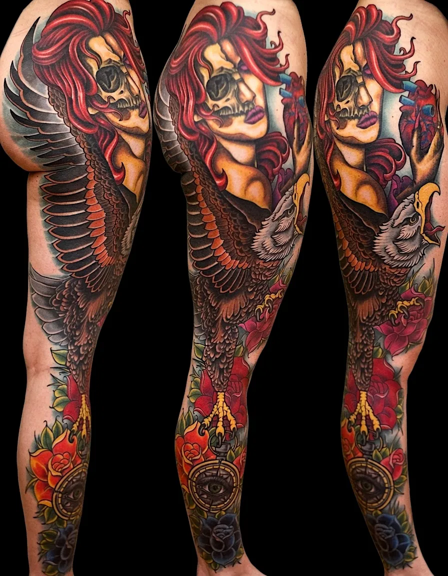 Color tattoo sleeve with a red-haired skull-faced woman, eagle, roses, and compass