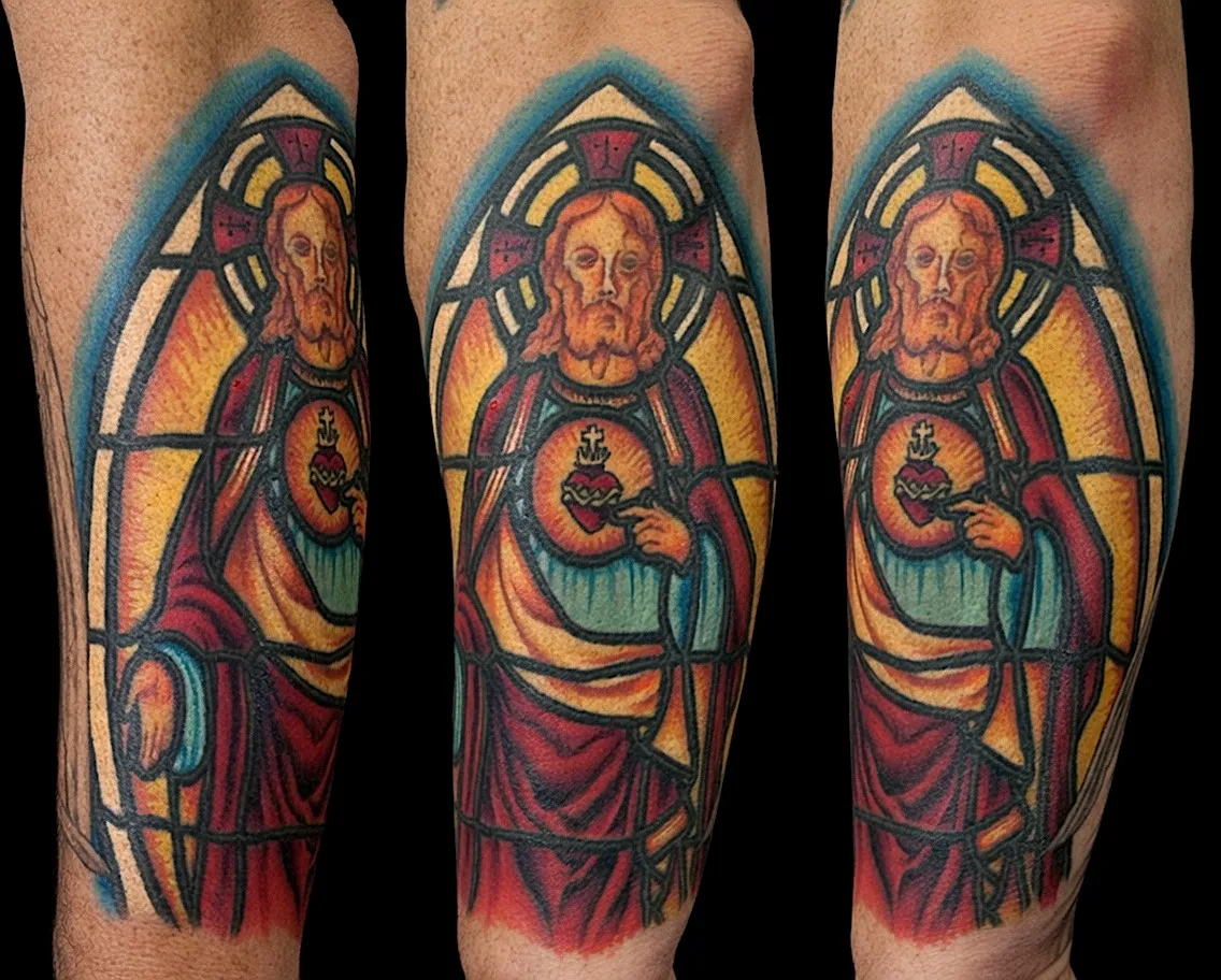 Sacred Heart of Jesus tattoo framed by a stained-glass arch