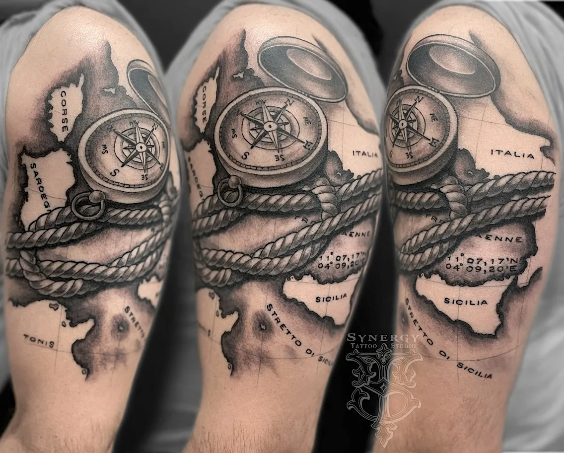 Black and grey vintage diving helmet tattoo with rope and nautical map details
