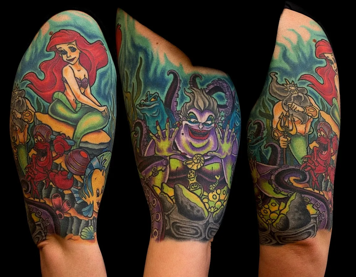 Color Little Mermaid tattoo with Ariel, Ursula, and underwater scenery