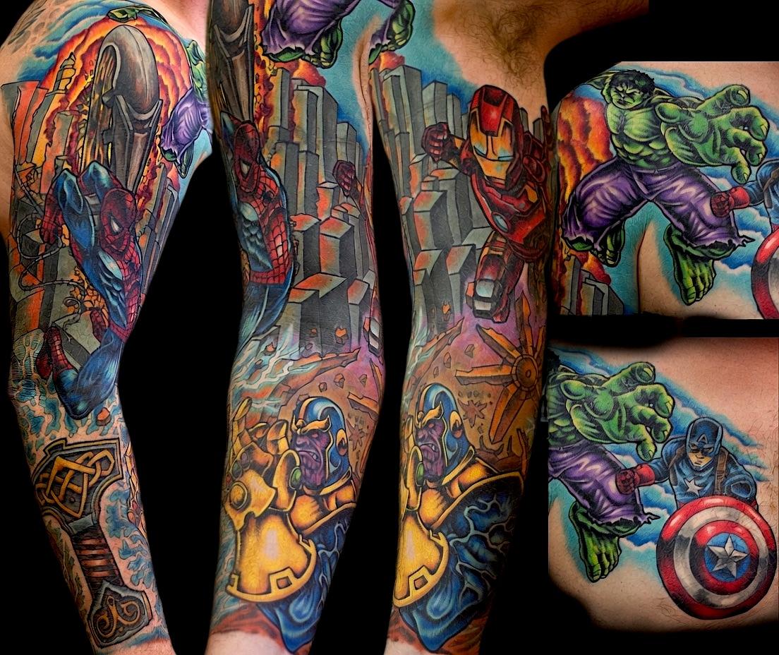 Color superhero tattoo sleeve with Hulk, Captain America, and other comic-book figures