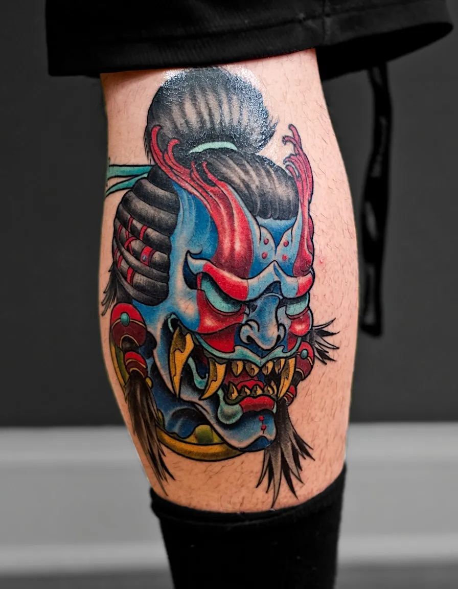 Blue and red Japanese demon mask tattoo with horns and fangs