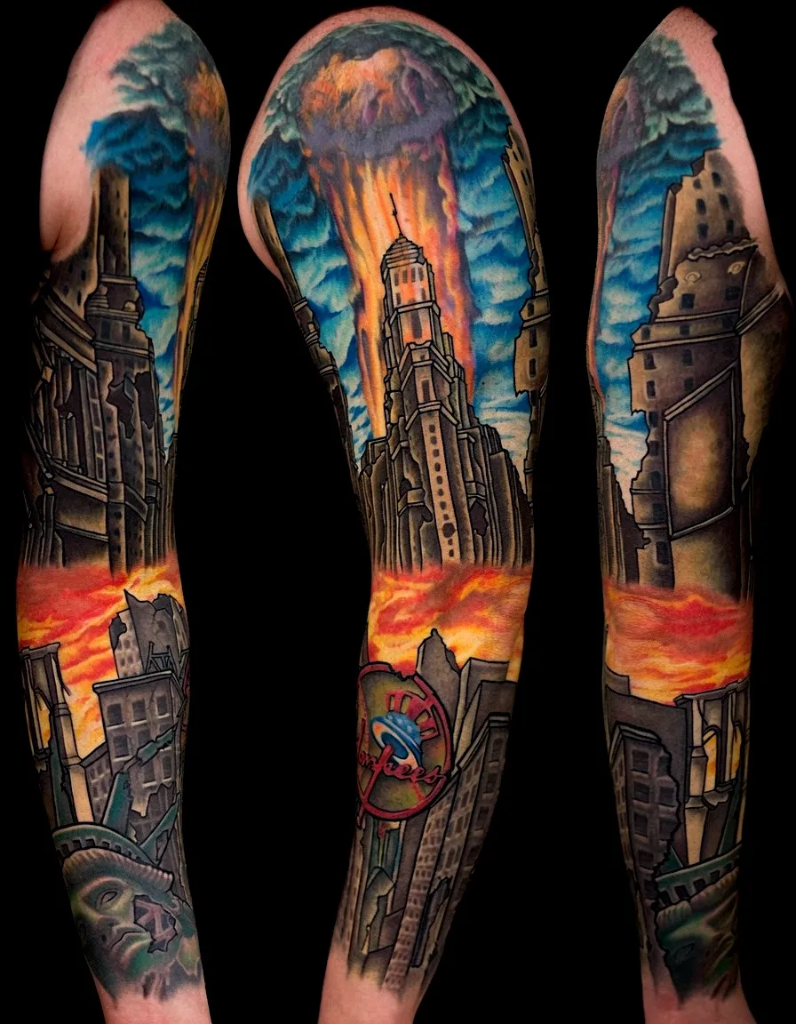 City skyline tattoo sleeve beneath dramatic clouds and a fiery sunset