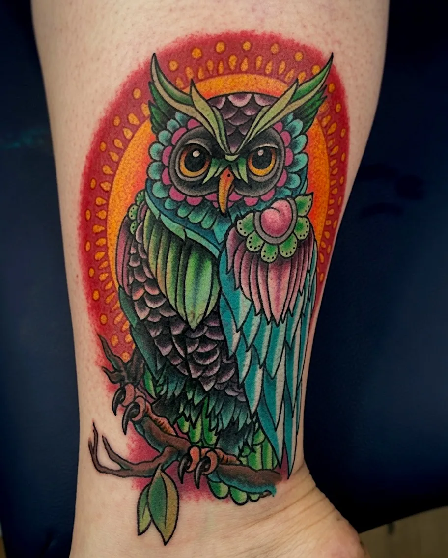 Green and blue owl tattoo with roses and a circular red background