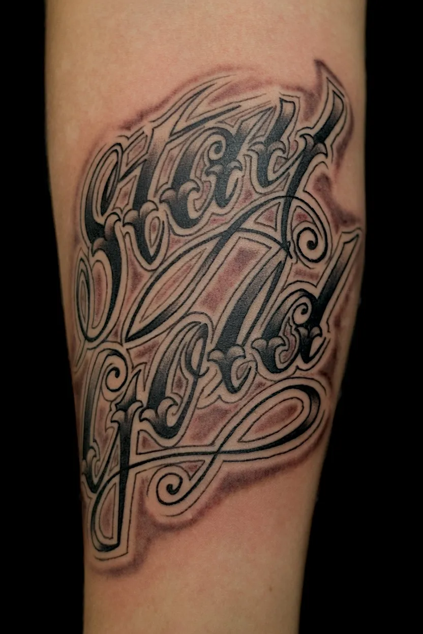 Black and grey Brother’s Keeper lettering tattoo