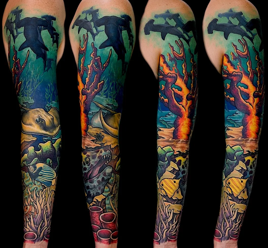 Color underwater leg sleeve with jellyfish, coral, and sea life