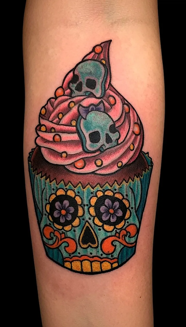 Color sugar skull cupcake tattoo with pink frosting and tiny skull decorations