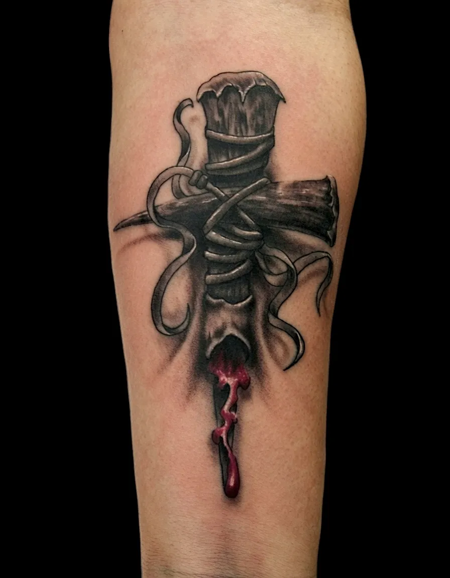 Black and grey wooden cross tattoo wrapped in ribbon with a red drop below