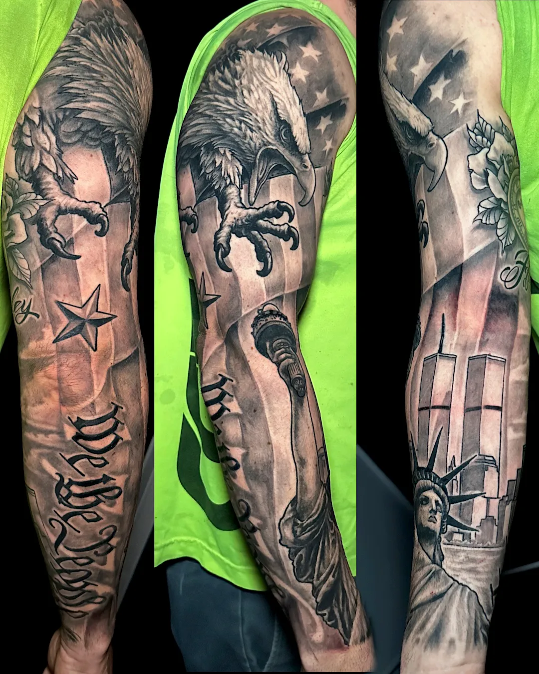 Black and grey patriotic tattoo sleeve with an eagle, stars, and the Statue of Liberty