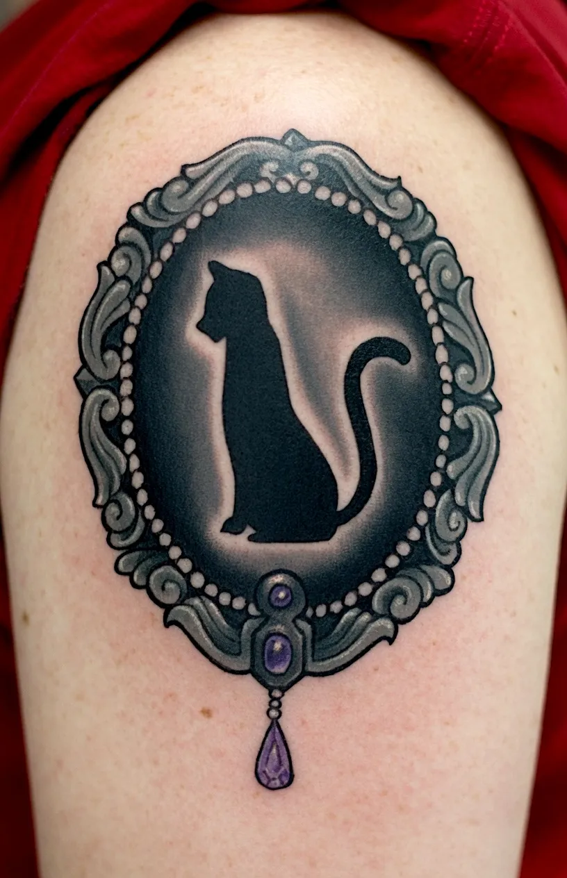 Black cat silhouette tattoo inside an ornate cameo frame with a purple pendant