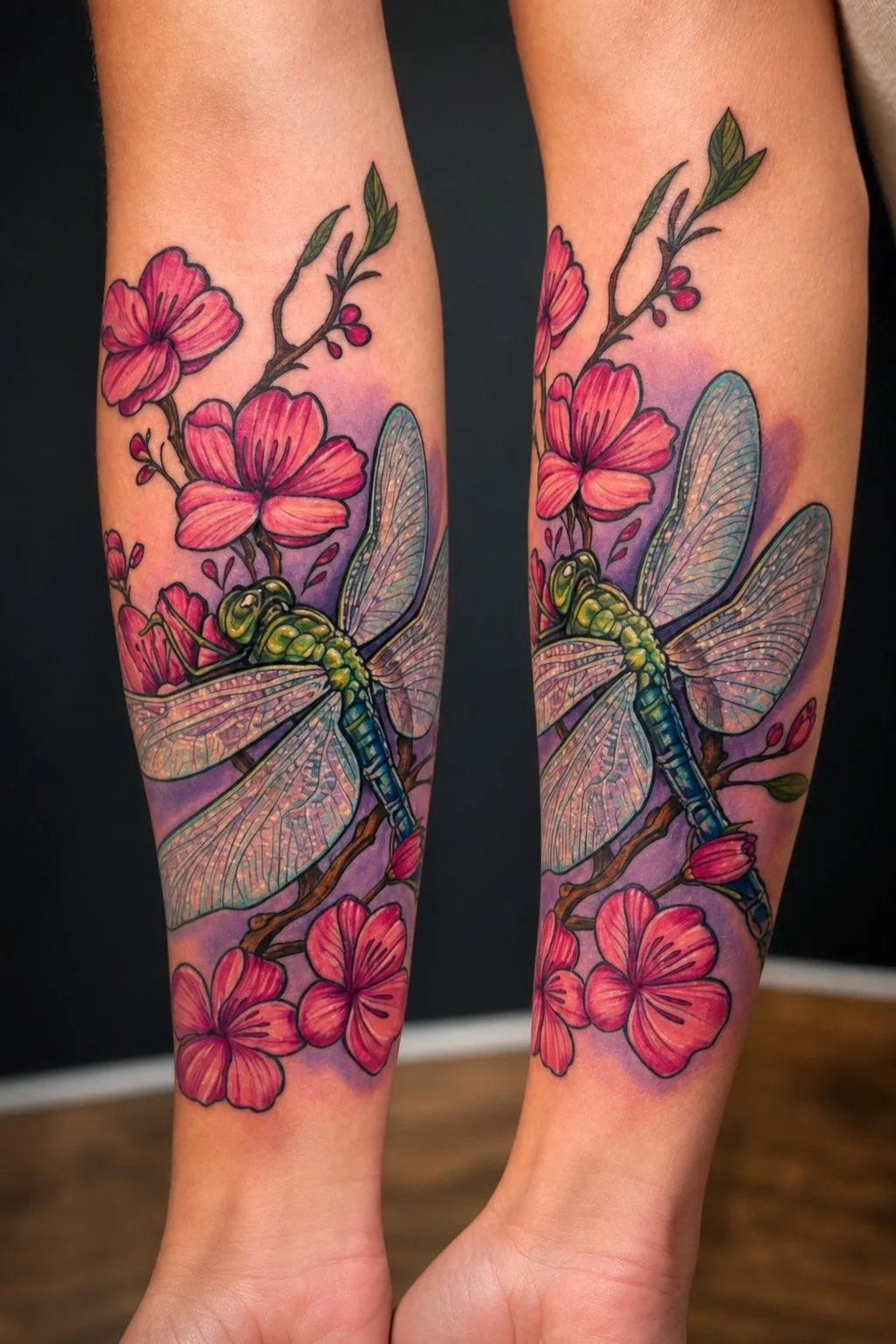 Dragonfly tattoo with pink flowers and green leaves