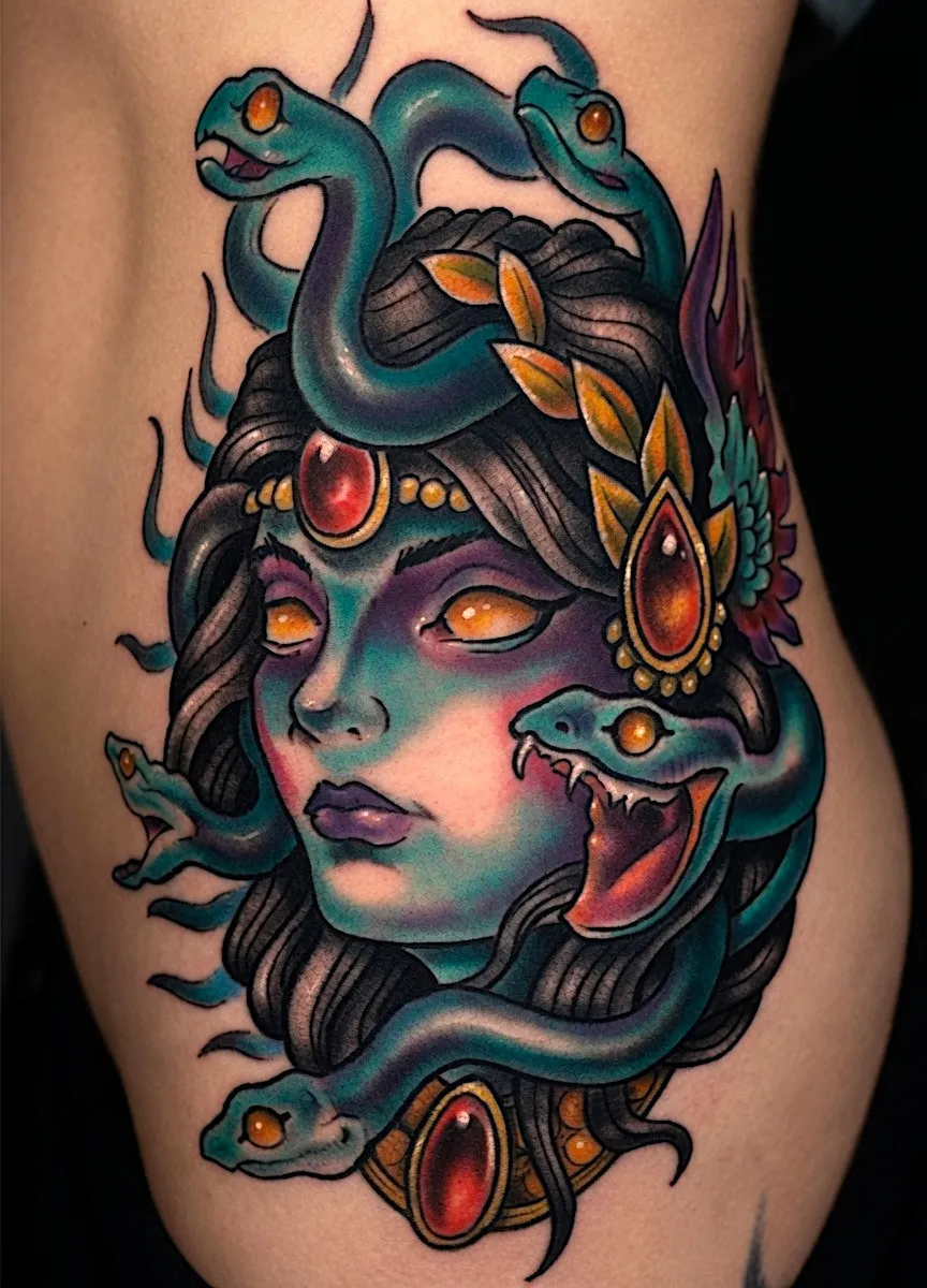 Color Medusa portrait tattoo with green snakes and red gemstone details