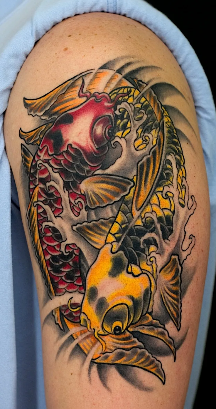 Red and gold Japanese-style koi fish tattoo with flowing waves on the upper arm