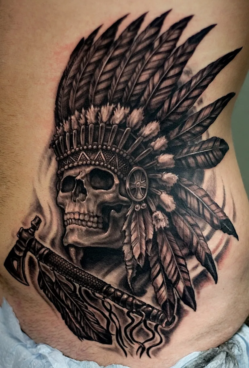 Black and grey skull tattoo wearing a feathered headdress