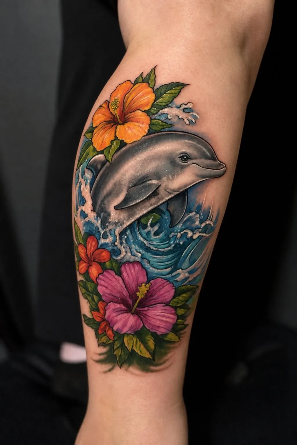 Dolphin tattoo with blue waves and bright hibiscus flowers
