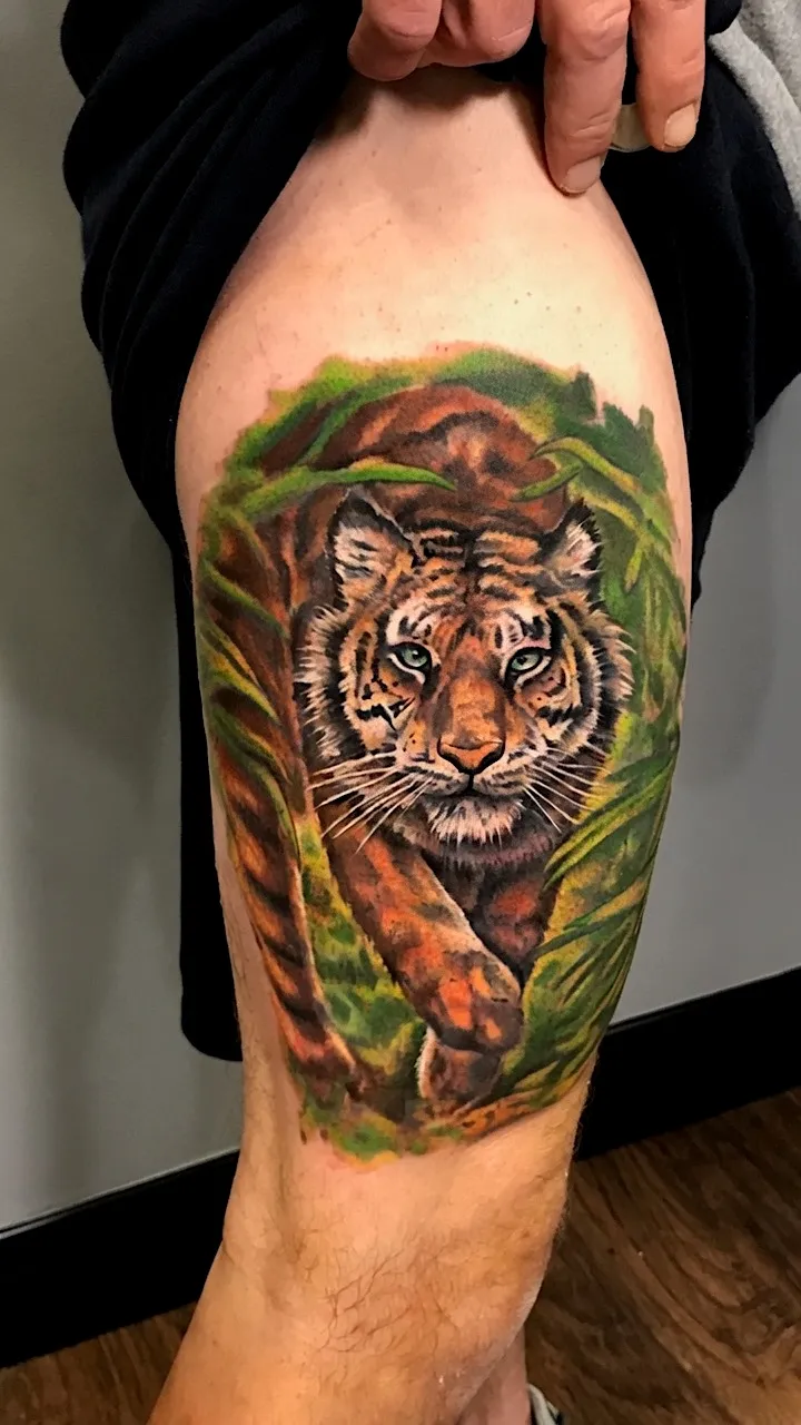 Color tiger portrait tattoo surrounded by green foliage