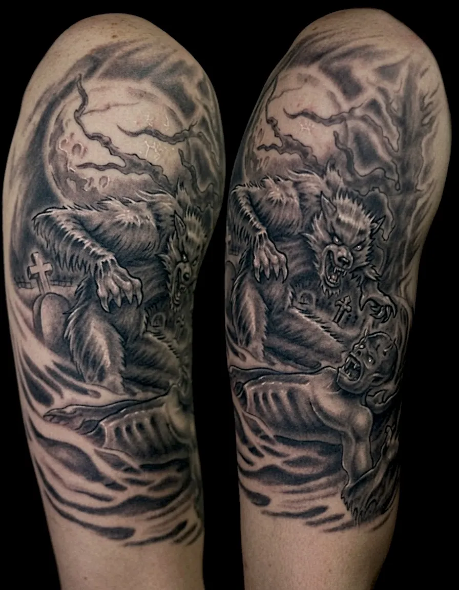 Black and grey Japanese dragon tattoo with clouds and flowing waves