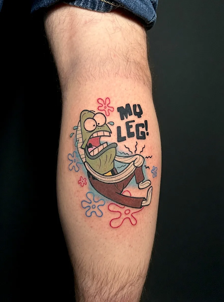 Color fish-character tattoo with My Leg lettering
