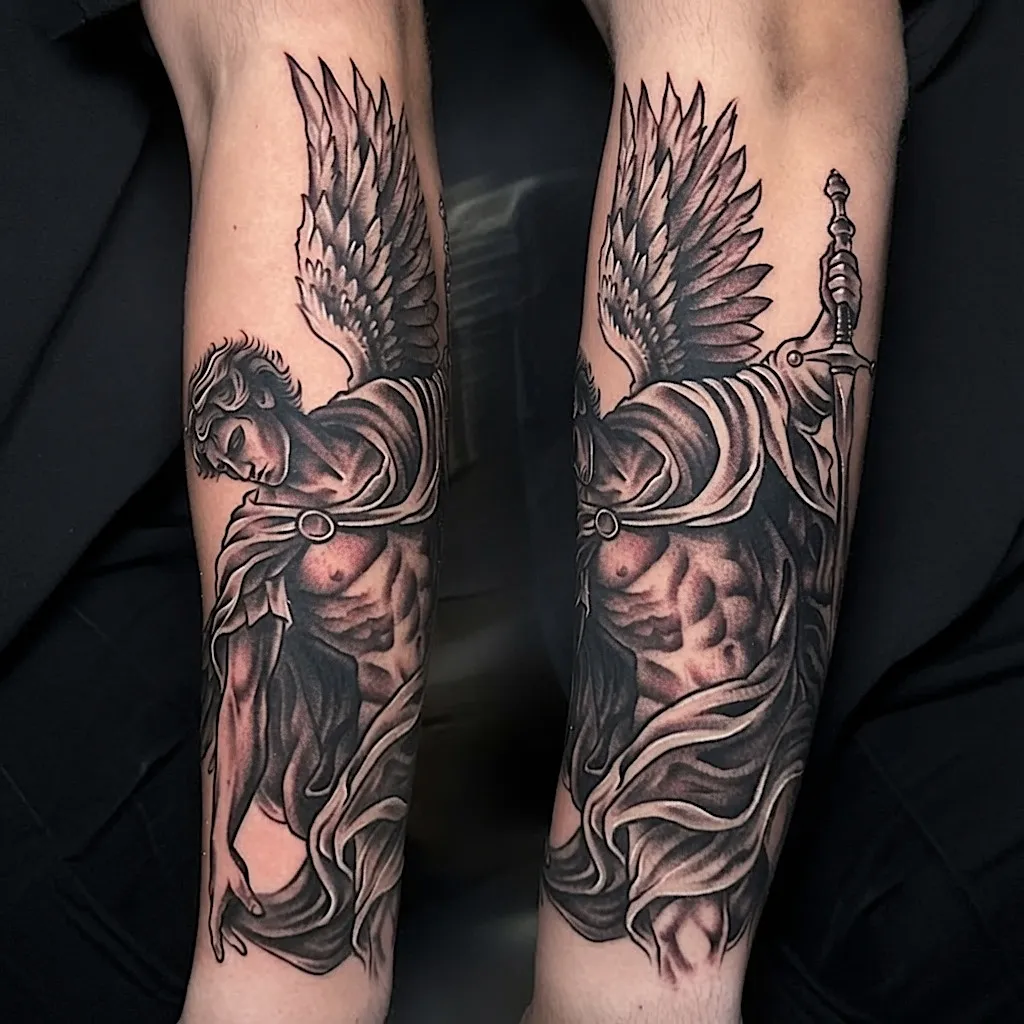 Black and grey winged angel statue tattoo with a sword