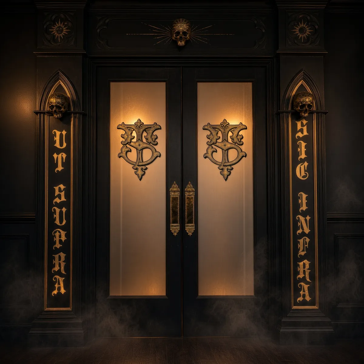Black and gold double doors with Synergy Tattoo Studio monograms and ornamental skull details