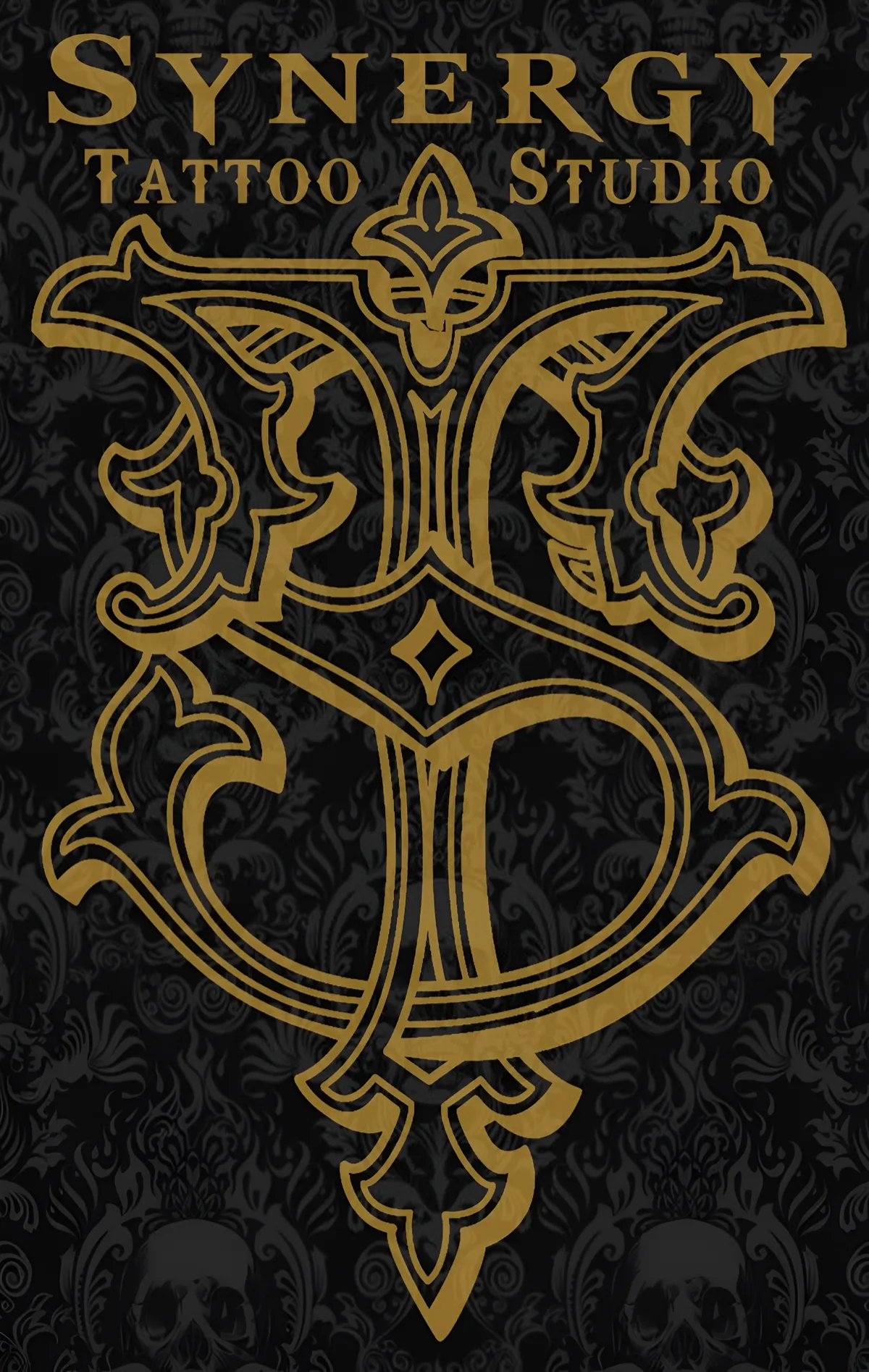 Gold Synergy Tattoo Studio monogram and lettering over a black ornamental skull pattern
