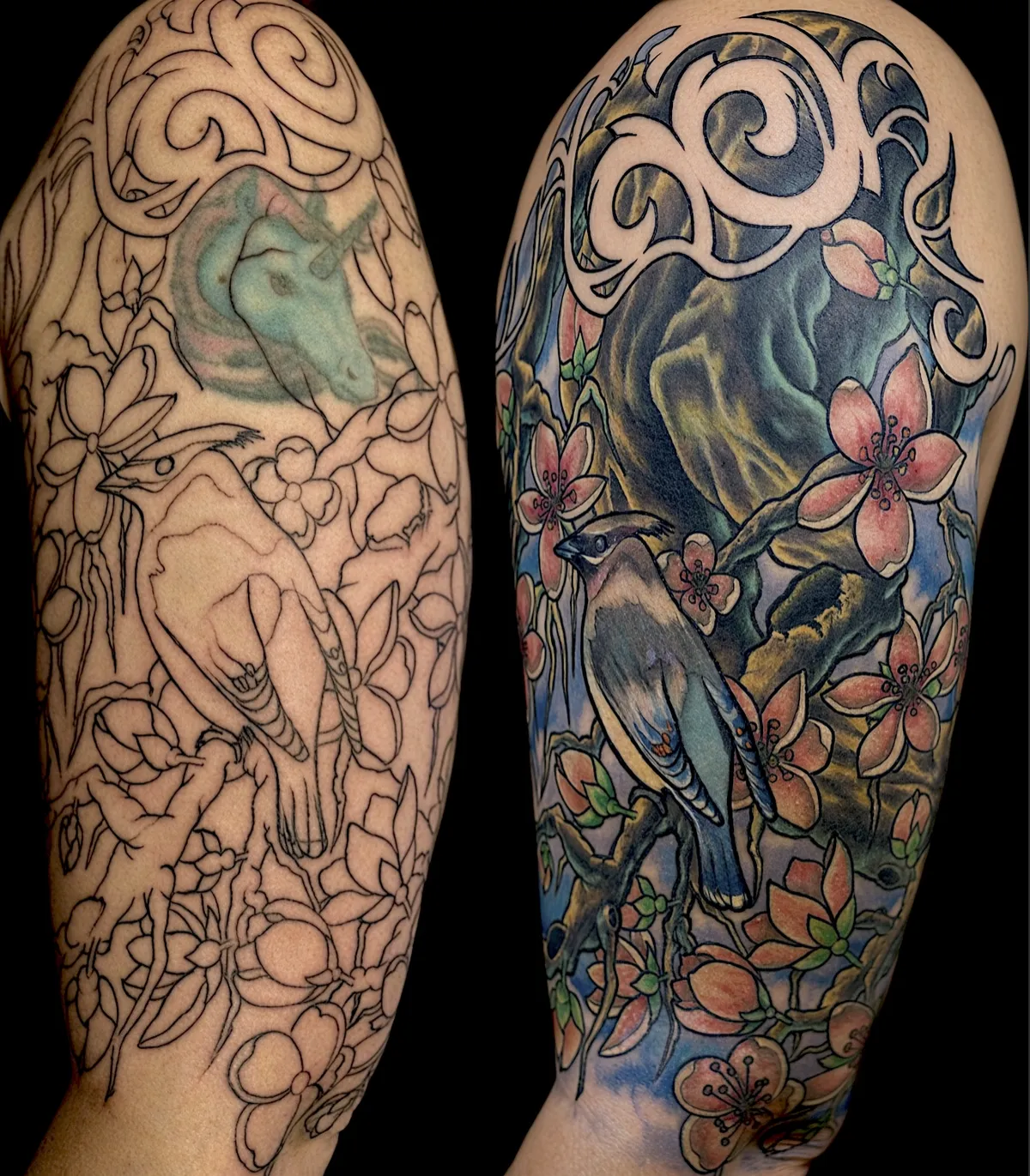 Bird and cherry blossoms tattoo cover-up photo