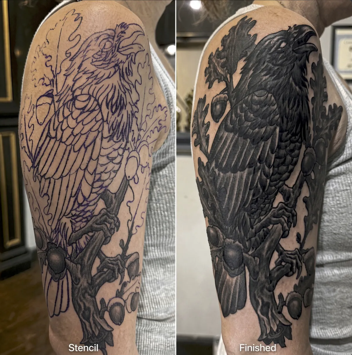 Black and grey raven tattoo cover-up before and after