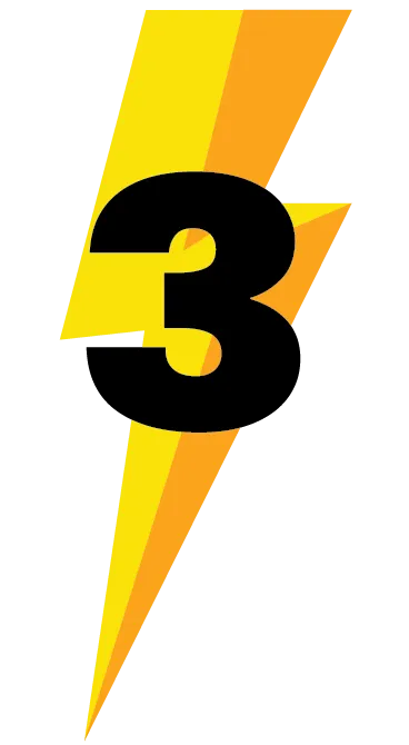 Lightning bolt icon with number 3 for Step 3 in solar depreciation strategy: Calculate depreciable amount based on solar system cost reduced by half federal tax credits, example $30,000 system with $9,000 credit depreciates $25,500 over 5 years for annual $5,100 tax deduction savings.