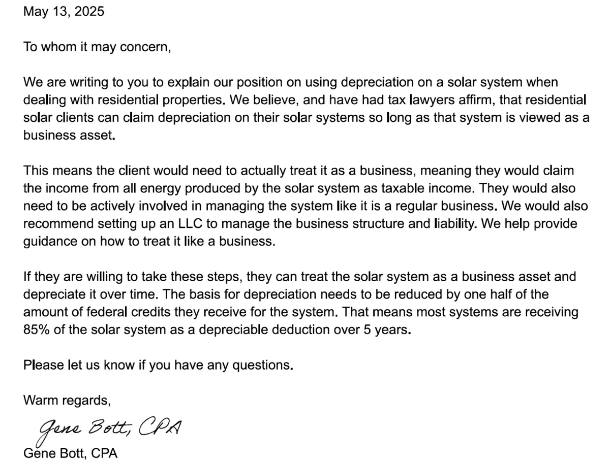 CPA letter from trusted tax professional affirming residential solar depreciation strategy as business asset, backed by $75,000 tax attorney study on IRS regulations for unlocking massive tax savings and compliance.