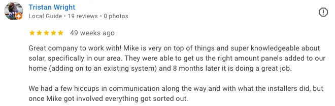 Tristan Wright google review of Ask Solar Mike