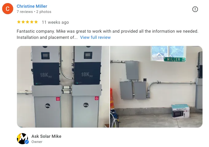 Christine Miller google review of Ask Solar Mike