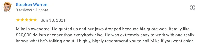 Steve Warren google review of Ask Solar Mike